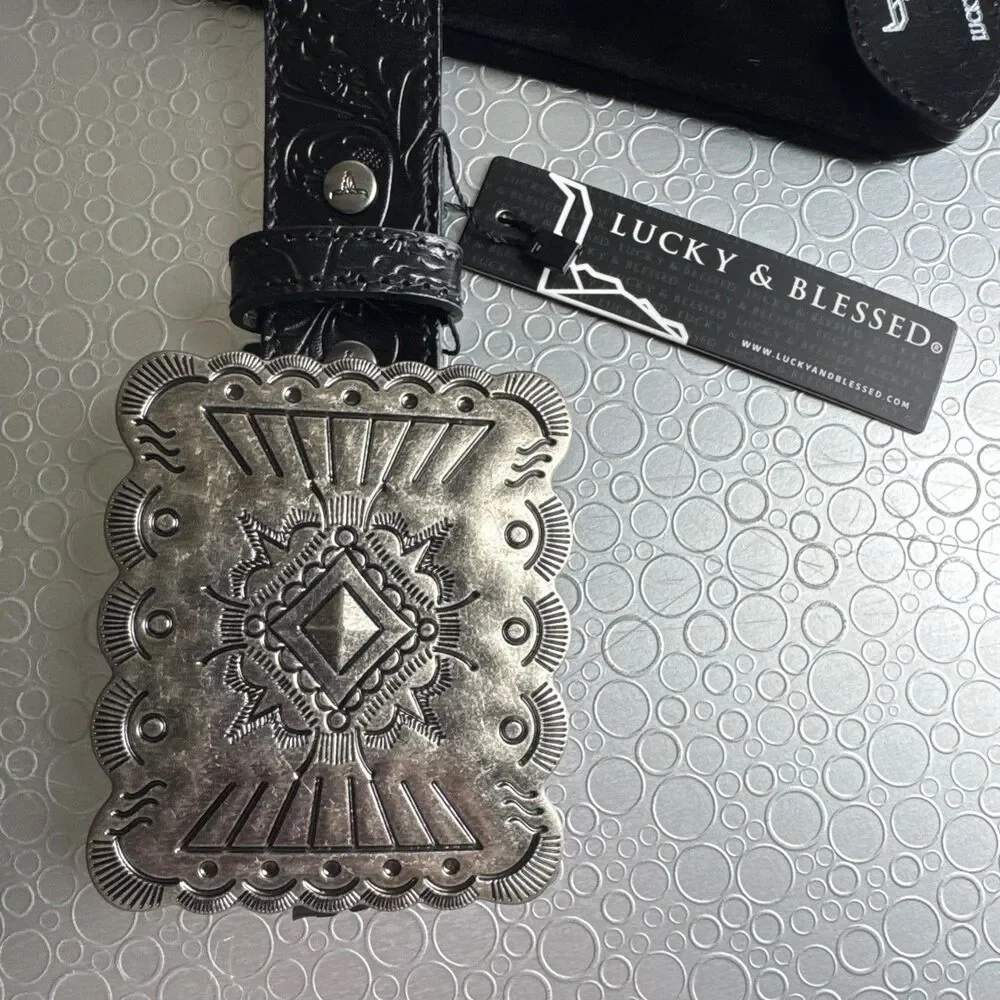New Lucky & Blessed Black Embossed Concho Belt - Size S Runs Bigger Dust Bag